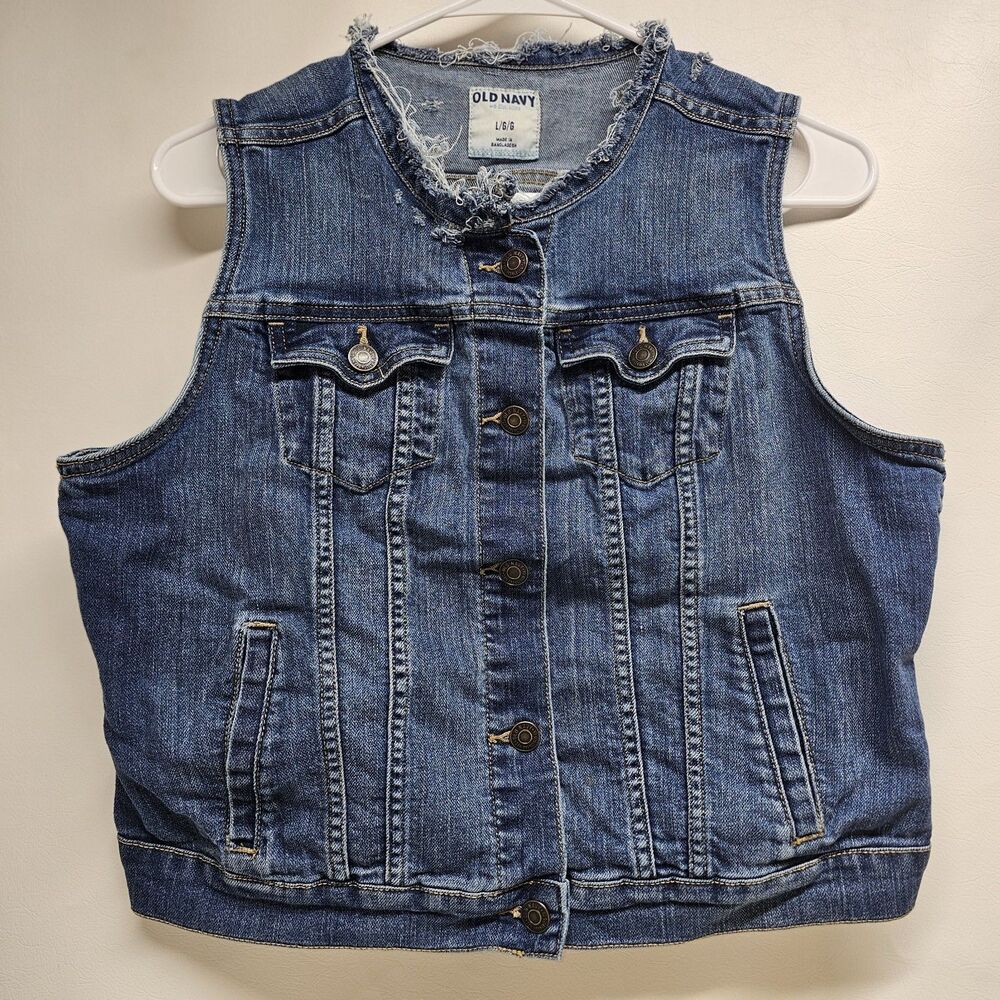 Old Navy Denim Vest L/G Gray Distressed Sleeveless SP14 VJ306488 Vintage Look